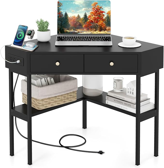 Giantex Corner Desk with Charging Station 90 Degree Triangle Computer Desk with 2 Drawers &amp Storage Shelf L-Shaped Writing Desk Makeup Vanity Table Compact Corner Desk for Small Spaces (Black)