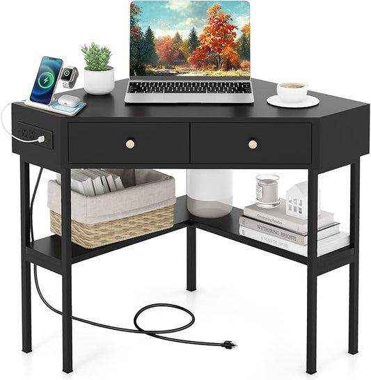 Giantex Corner Desk with Charging Station 90 Degree Triangle Computer Desk with 2 Drawers &amp Storage Shelf L-Shaped Writing Desk Makeup Vanity Table Compact Corner Desk for Small Spaces (Black)