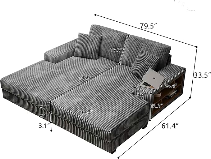 79.5 Oversized Corduroy Modular 2-Seat Sectional Couch with Extra-Wide Armrest Storage and Double Chaise Lounge Modern Convertible Sleeper Sofa for Living RoomDark Gray