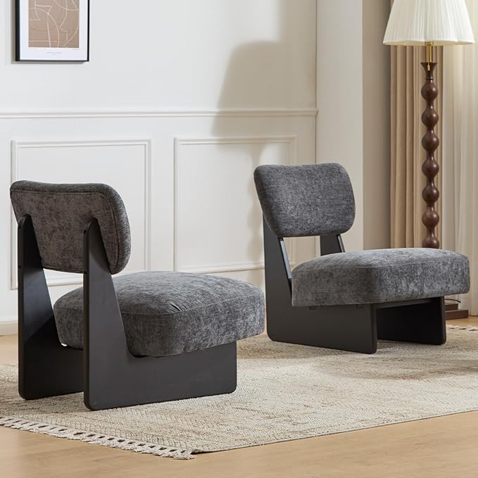 Beige Accent Chair Set of 2 for Small Spaces Armless Accent Chair for Bedroom Side Chairs &amp Comfy Chairs for Living Room Wood Base Comfy Cushion Bedroom Office (Black+Charcoal)