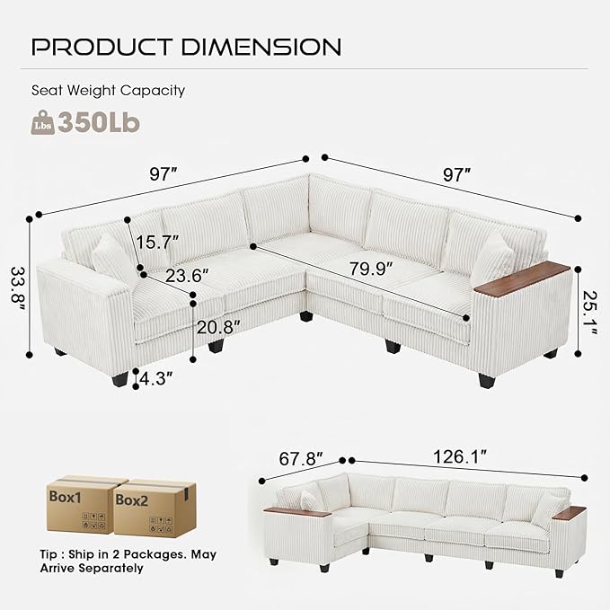 97 Inches Corduroy Couch with 2 Pillows Deep Seat Sectional Sofa Armrests with Two Hidden Storage Space Corner Couch Oversized L Shaped Cloud Couches for Living Room Beige