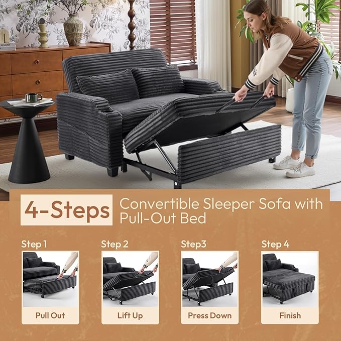 VINGLI Dark Gray Futon Sofa Bed Convertible Loveseat Sleeper Sofa Couch Corduroy Pullout Sofa Fold Out Couch Bed with USB Ports Cup Holders Armrest for Living Room Bedroom Apartment Room | Loveses