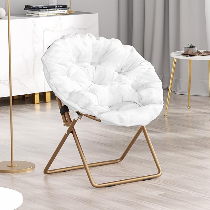 Foldable Oversized Moon Chair Large Soft Lazy Cozy Comfortable Faux Fur Round Saucer Moon Chair for Teens and Adults White