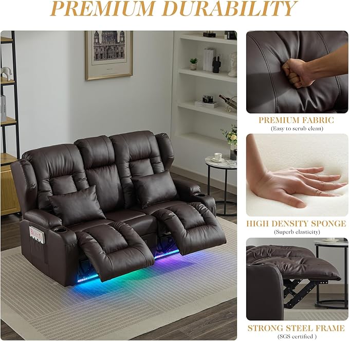 Loveseat Recliner Sofa with DIY LED LightsRV Couch Wall Hugger Recliners with Flip-up ConsoleReclining Loveseat Sofa Recliner with Smart LED Lights/Cup Holders/Lumbar PillowsRV FurniturePU Brown