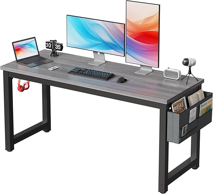 Large Computer Desk - 63 Inch Home Office Desks Study Student Writing Table Gaming Desk Wood Modern Simple Table with Storage Bag &amp Headphone Hooks Grey
