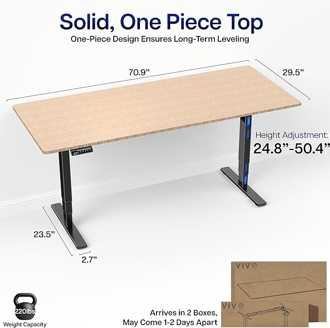 VIVO Electric 71 x 30 in Real Bamboo Standing Desk Touch Screen Adjustment 220 lb Frame Support 2E Series Black Frame DESK-KIT-2E71O