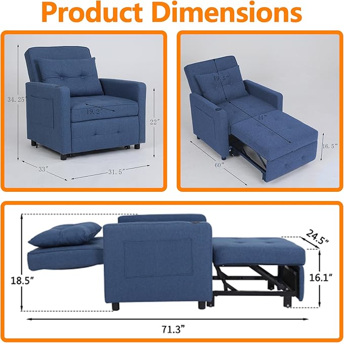 3 in 1 Chair with Pull-Out Sofa Convertible Slip On Sleeping Armrest Sofa Chair with Storage Pockets and Adjustable Backrest Comfortable Folding Seat for Bedroom Bed (Dark Grey) (Blue)