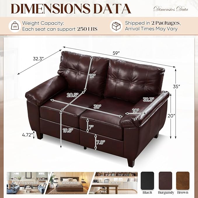 59W Faux Leather Sofa Loveseat Couch with Hidden Storage &amp Tufted Backrest Upholstered Mid Century Modern Couch Deep Seat Comfy Chesterfield Sofa for Livingroom Bedroom Office(2 Seater Burgu