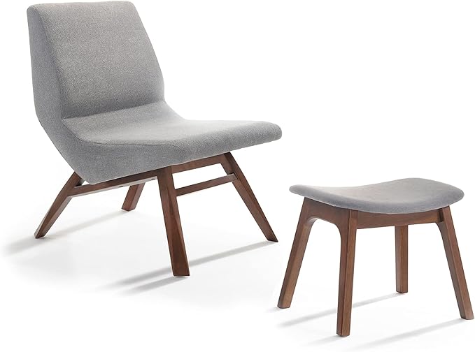 Limari Home Whitney Solid Wood &amp Fabric Accent Chair &amp Ottoman in Gray/Walnut