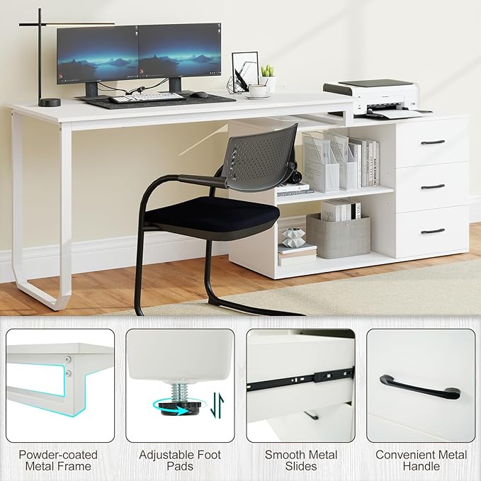 Giantex 55 Inch L-Shaped Desk with Charging Station Reversible Computer Desk with 3 Drawers Adjustable Shelf Large Computer Workstation Corner Desk for Small Spaces Home Office (White)