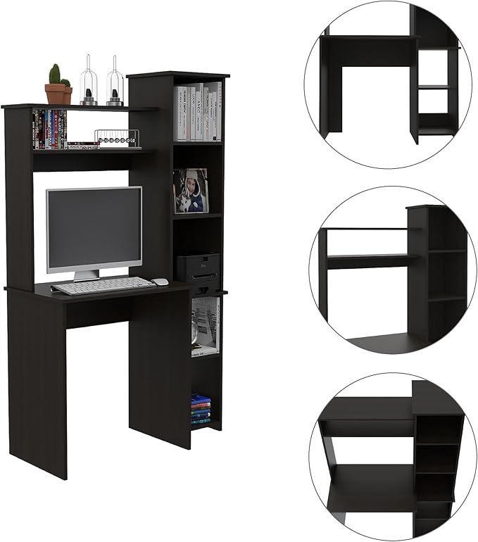 Penau Black Wengue 6-Shelf Writing Desk with Built-in Bookcase Modern Study Furniture for Home Office Durable Particle Board Construction