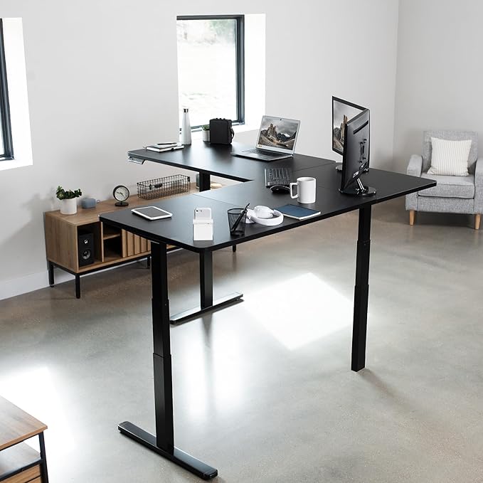 VIVO Electric Height Adjustable 77 x 71 inch Corner Stand Up Desk 2 Black 30 inch Deep Table Tops Black Frame Memory Controller L-Shaped Workstation 3E Series DESK-KIT-3E7B
