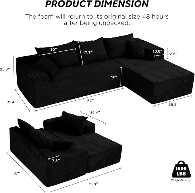 Black 103“ Cloud Couch Sectional Sofa in Box with L-Shape ChaiseModern Modular Couches Upholstered with Deep Seat for Living RoomNo Assembly Required