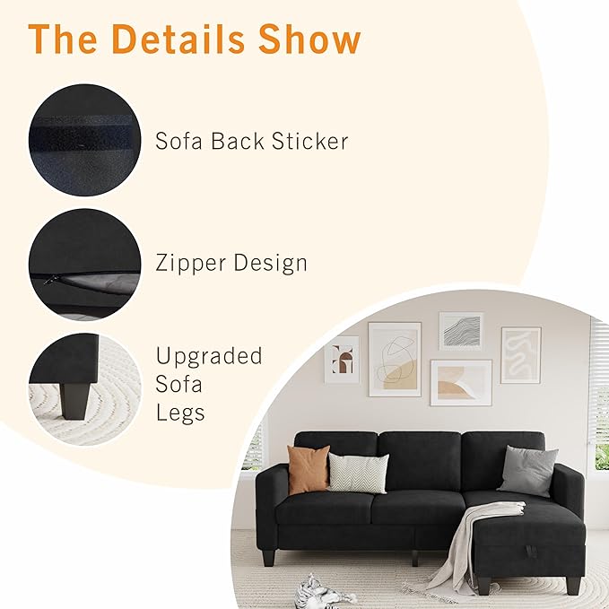 Sectional Sofa and Couches for Living Room 78'' Black 3 Seat L-Shaped Couch with Movable Ottoman Comfy Velvet Convertible Sectionals Sofas with Chaise for Apartment Dorm Small Space