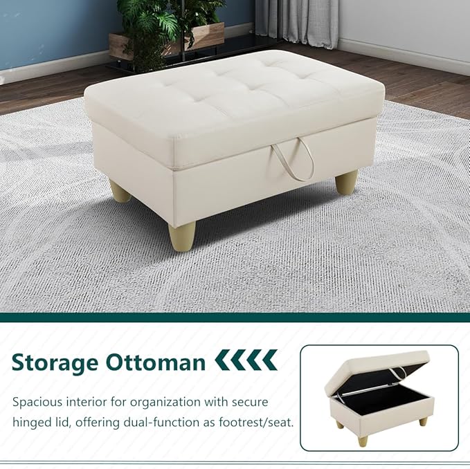 Sectional Sofa Couch with Storage Ottoman Modern L-Shaped Couch Modular Sectional Sofa Set Faux Leather Corner Chaise Lounge for Living Room Apartment Office (Left Chaise Cream White)
