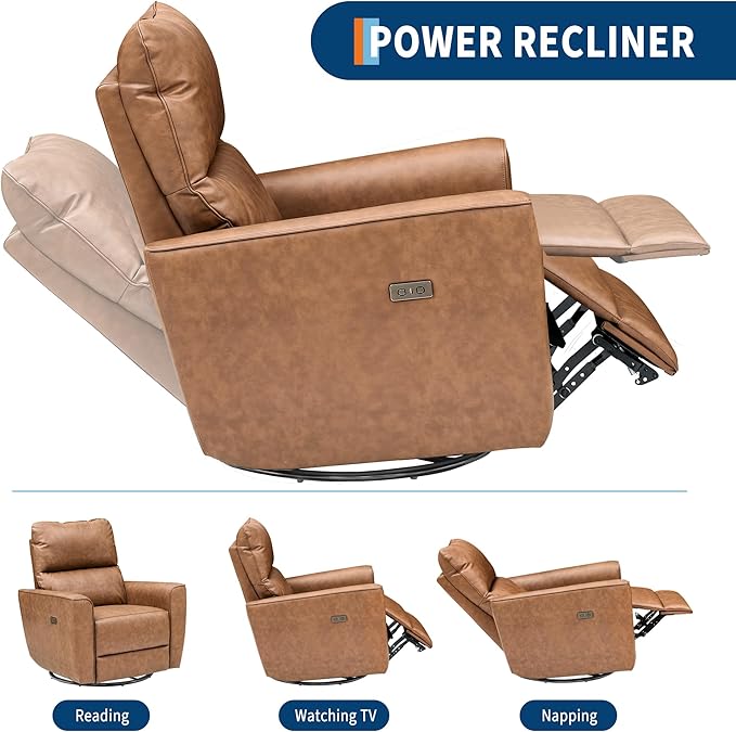 Power Recliner Chair 270° Swivel Rocking Glider with USB Charging Port PU Leather Upholstered Fabric Ergonomic Modern Nursery Chair for Living Room Bedroom Nursery (Power Brown)