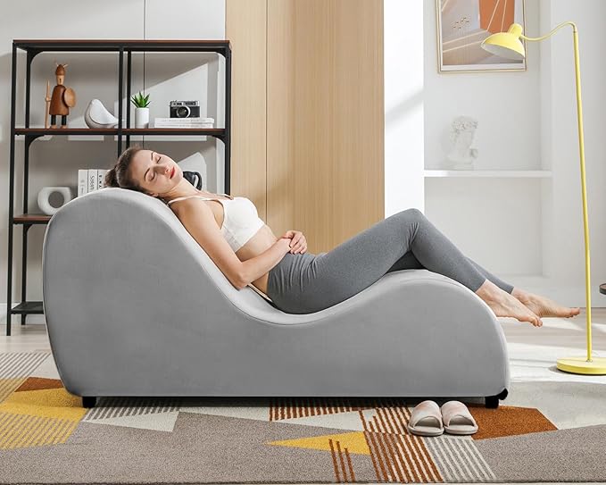 Mjkone 60.6 W Yoga Sofa Chaise Lounge Chair for Adults Office Yoga Stretching Curved Velvet Yogas Chaise Couch Indoor for Living Room Relaxing Lounges Chair for Apartment Exercising Light Grey