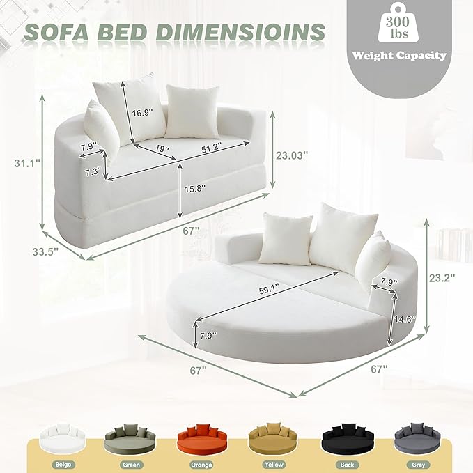 TTK 67” Oversized Round Sofa Bed 2 in 1 Convertible Circle Bed Folding Futon Lazy Floor Round Chaise Lounge Chair Comfy Corduroy Boneless Loveseat Couch for Living Room Apartment No Assembly (Beige)