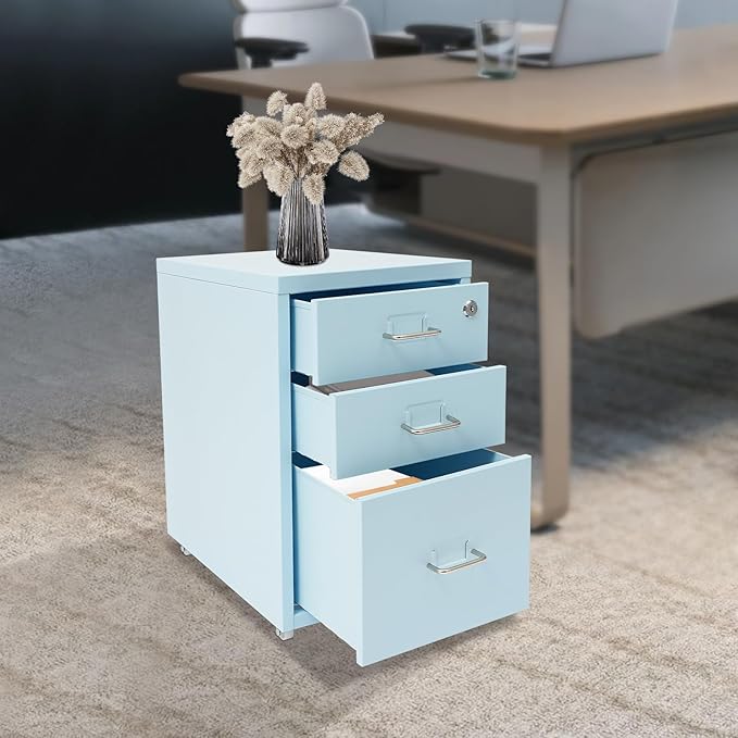 3 Drawer File Cabinet with Lock Metal Vertical Mobile File Cabinet Blue Rolling Under Desk Filing Cabinet for Home Office
