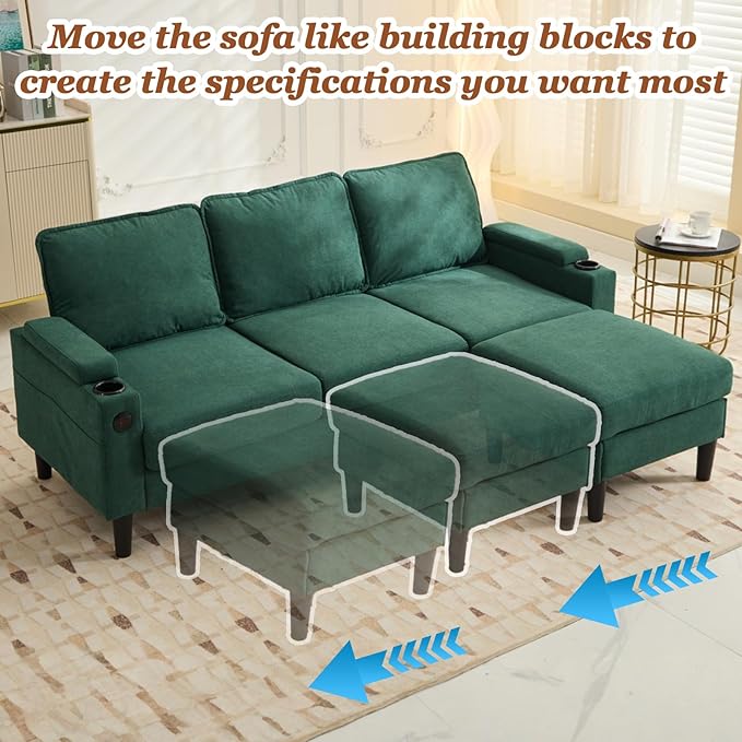 (New) 3 Seater Couch with Ottoman Grey Couch with Removable Pillows Chenille Sofas with USB Cup Holders Side Pockets L Shaped Sofa for Living Room Apartment (Green)