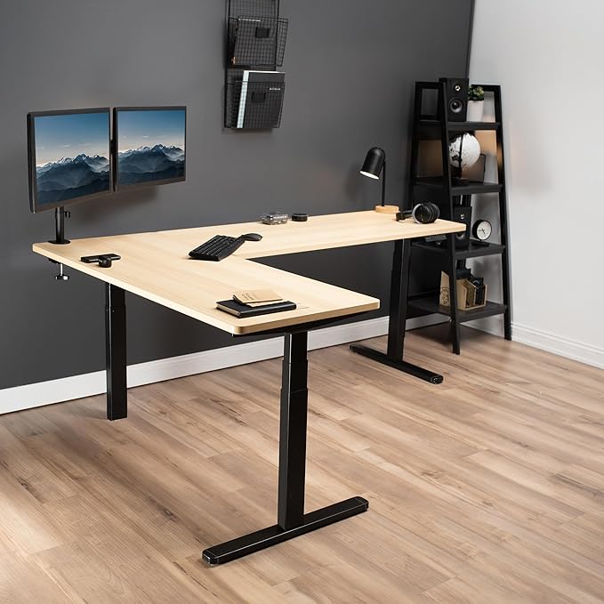 VIVO Electric Height Adjustable 83 x 60 inch Corner Stand Up Desk 2 Light Wood Solid Table Tops Black Frame Memory Controller L-Shaped Workstation 3E Series DESK-KIT-3E8BC