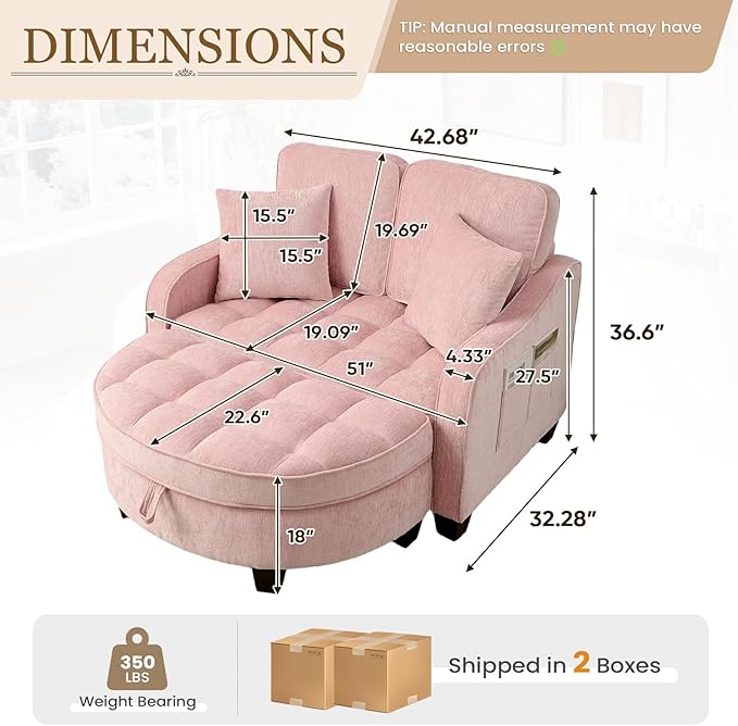 Oversized Chair and A Half Chenille Tufting Accent Cozy Reading Sofa Chair with Storage Ottoman Upholstered Loveseat Chaise Lounge Sofa with Adjustable Back for Living Room Office Sunroom Pink