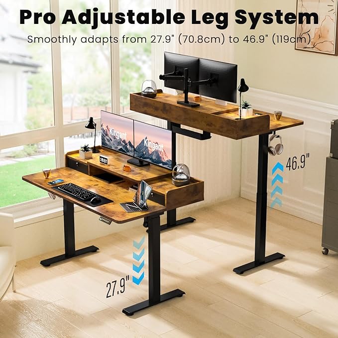 Kingant 48 x 30 Inch Electric Standing Desk with Dual Drawers Adjustable Height Computer Desk for Home Office Large Workstation Sit Stand Up Desk with Built-in Storage Shelf Rustic Brown
