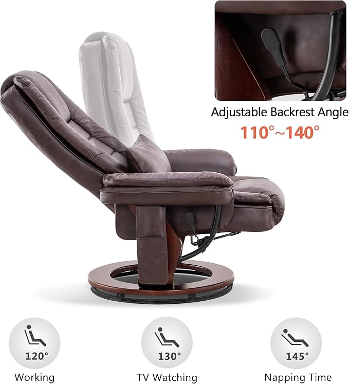 MCombo Swivel Recliner with Ottoman Chair TV Chair Sets with Vibration Massage for Small Space Living Room Bedroom 9096 9099 (Faux Leather Dark Brown)