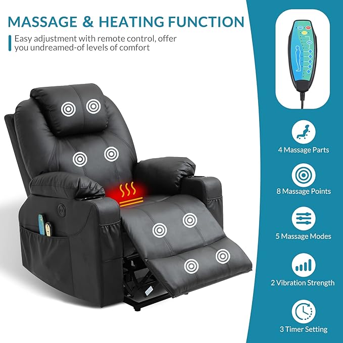 Power Lift Recliner Chair for Elderly Electric Massage Heated Recliner Faux Leather Lift Chair with 2 Remote Controls USB Ports Cup Holders &amp Side Pockets for Living Room (Black)