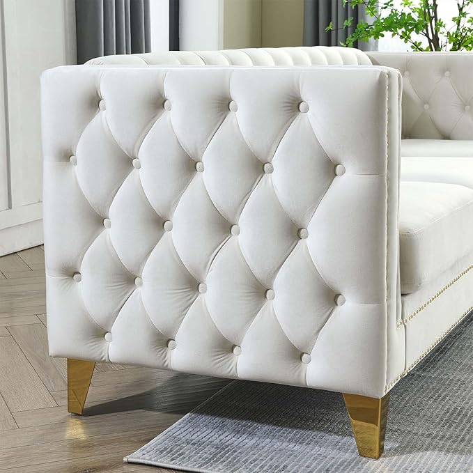 Antetek L Shaped Couches for Living Room Modern Button Tufted Velvet Sofa Couch with Square Armrests Inlaid with Gold Nail Heads Upholstered Corner Sofas for Living Room Office Apartment Beige