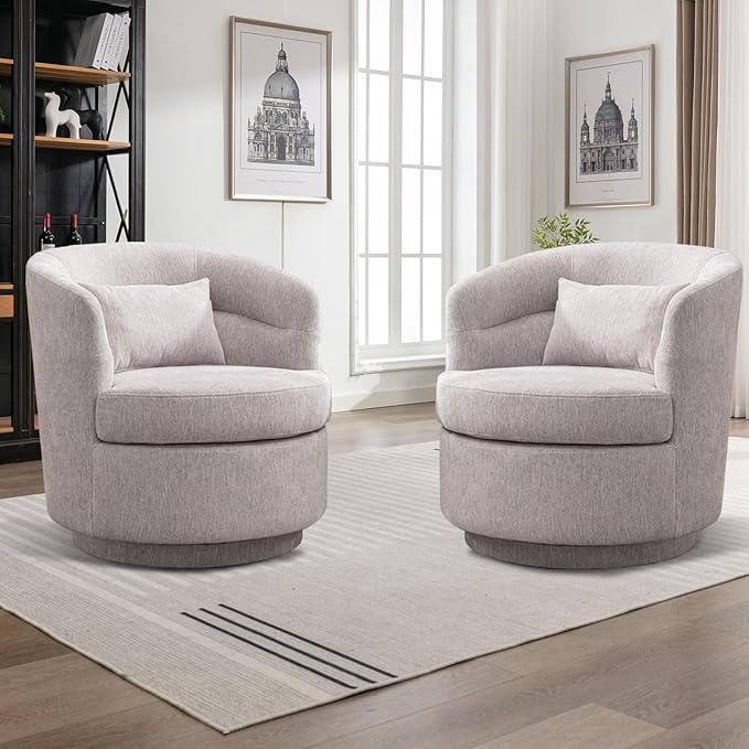 CANMOV Swivel Accent Chair Set of 2 360 Degree Round Swivel Barrel Chair with Pillow Upholstered Comfy Barrel Armchair Single Club Sofa Chair for Living Room Bedroom Reading Room (Grey*2)