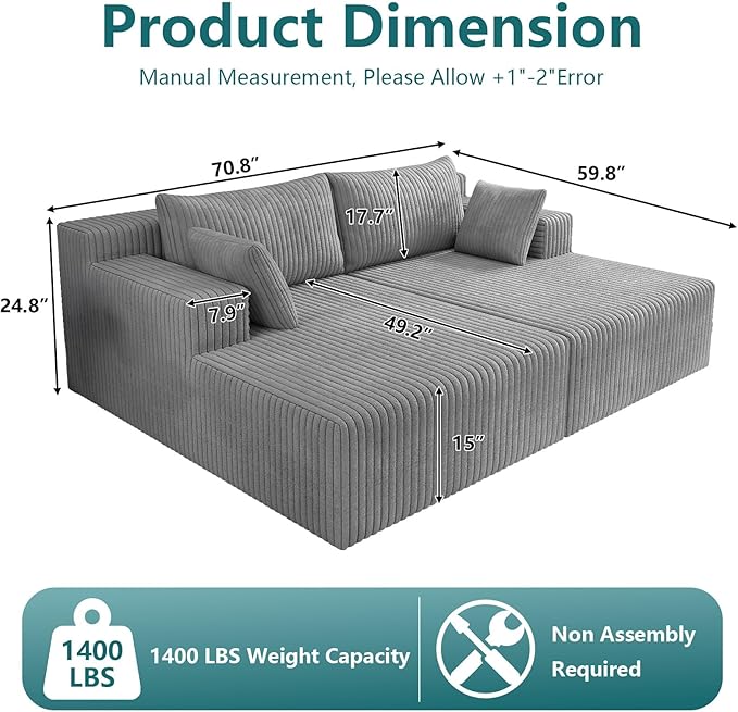 70.8 Oversized Double Chaise Lounge Indoor Upholstered Deep Seat Cloud Couch Corduroy Lounge Chair Modern Sofa Bed Loveseat Sleeper Chair for Living Room Bedroom Apartment Light Gray