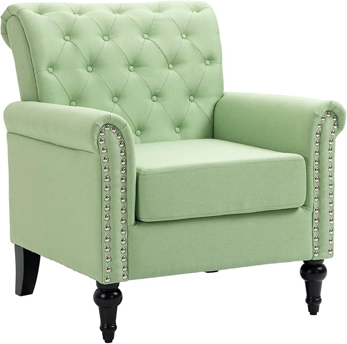 Mid Century Modern Accent Chair Linen Armchair wTufted BackWood Legs Upholstered Lounge Arm Chair Single Sofa for Living Room Bedroom Grass Green