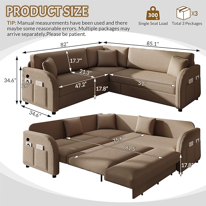 GNIXUU 85.1 L Shaped Couch with Pull Out Bed Convertible Sectional Sleeper Sofa with USB Port &amp Side Pockets 5 Seat Oversized Modular Teddy Cloud Couches for Living Room Apartment Brown