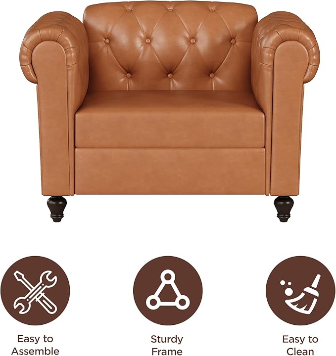 Brown Faux Leather Accent Chairs Button-Tufted Upholstered Club Chair Retro Armchairs Mid Century Modern Accent Chair with Solid Wood Legs Cozy Chesterfield Couch Chairs for Living Room Bedroom