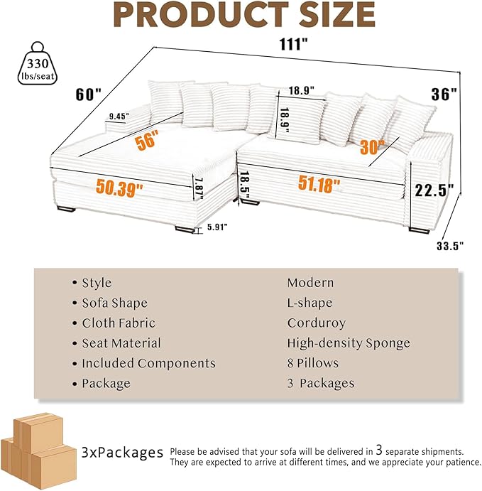 111'' Modern Sectional Sofa L-Shaped Corduroy Couch with Left Chaise Daybed Extra-Wide Oversized Lounge 8 Pillows Corner Sofa Set for Living Room Apartment Office Hotel Bedroom Grey