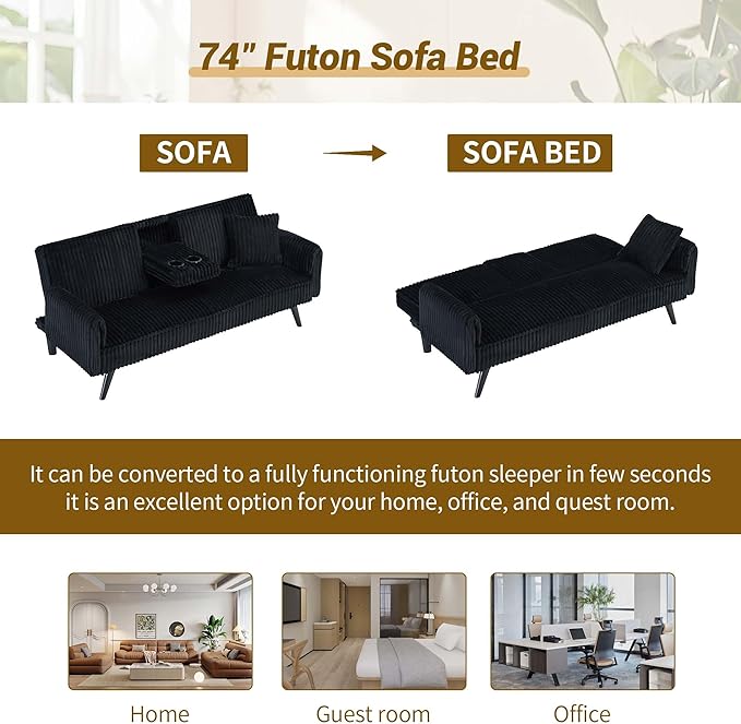 72 Modern Corduroy Sofa Bed FutonConvertible Sleeper Couch Bed with Cup Holder4 Reclining PositionsFolding Sofa Cloud Loveseat for Small Living Room Apartment Office (Black-New)