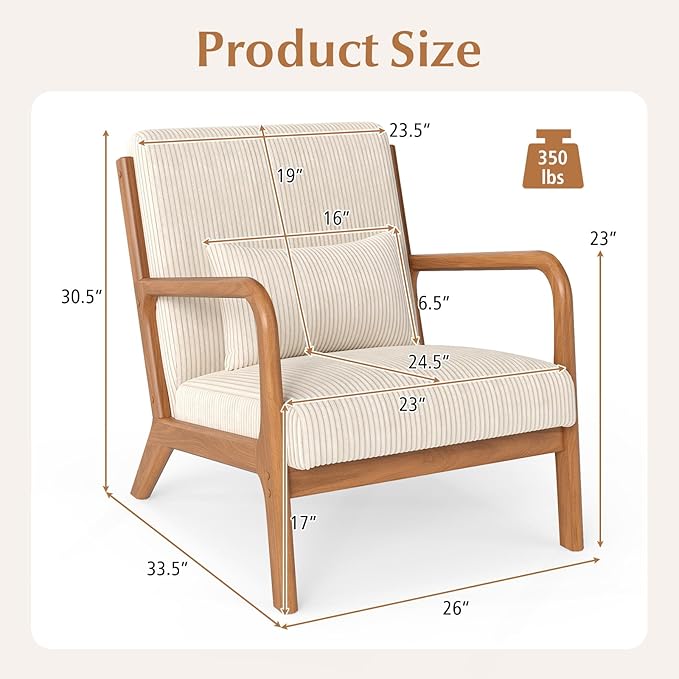 Giantex Modern Accent Chair Corduroy Upholstered Lounge Chair with Rubber Wood Armrests Lumbar Pillow Sponge Padded Seat Cushion Comfy Reading Chair for Living Room Bedroom (1Beige + Brown)