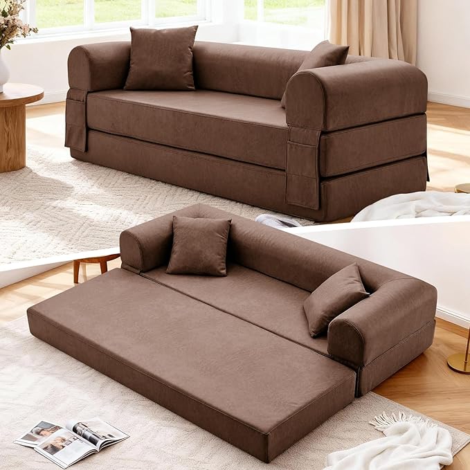 Convertible Sleeper Sofa Bed78.5 Inch Faux Leather Futon Couch with Pillows &amp Storage Pocket5-in-1 Folding Sofa Bed Queen with Pull Out BedsBoneless Couches for Living RoomCouch in a BoxBrown
