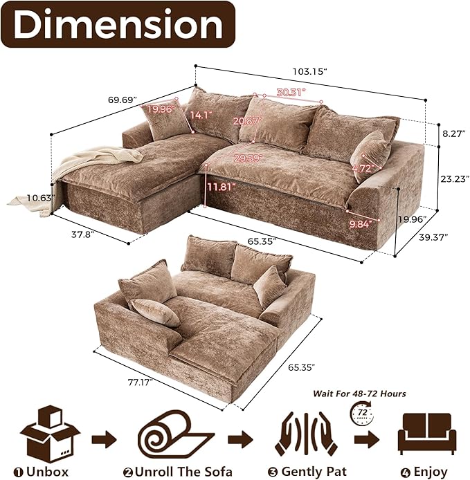 103”Modular Sectional SofaUpholstered Boneless Couch for Living Room BedroomModern Modular L-Shaped Chaise CouchCloud Sectional Sofa with Deep Seat (BrownLeft Facing Chaise)