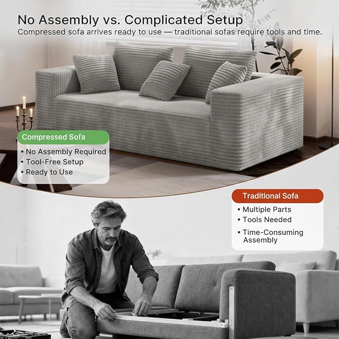 3-Seater Deep-Seat Corduroy Lounge Sleeper Sofa No Assembly Frameless Foam Cloud Couch Comfy Plush for Living Room Bedroom Apartment Dorm Office（Light Gray）