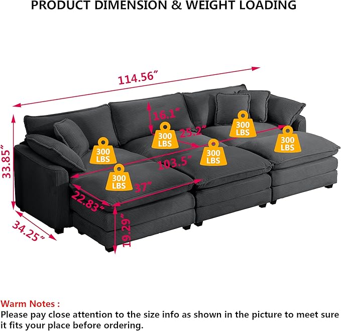 Aoowow Corduroy 3 Seater Sleeper Couch with OttomansLarge Cloud Couches for Living RoomTufted Modular Sectional Cloud Sofas Deep SeatOversized Chaise Lounge Sofa (Grey 3 Seater + 3 Ottoman)