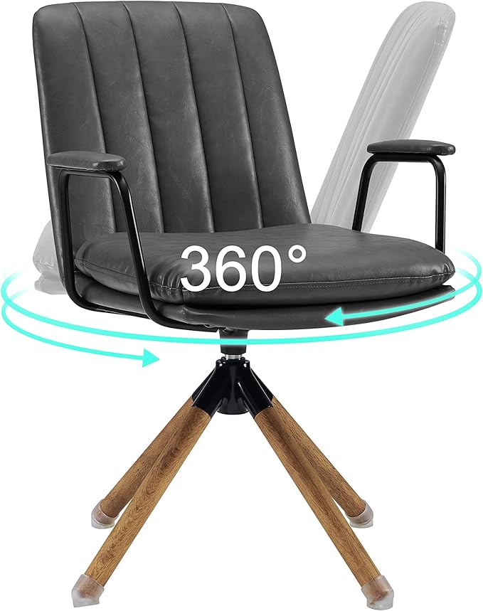 Art Leon Mid Century Modern Chair Oak Legs Swivel Accent Chair No Wheels Faux Leather Armchair for Small Spaces Home Office Living Room Bedroom Gray