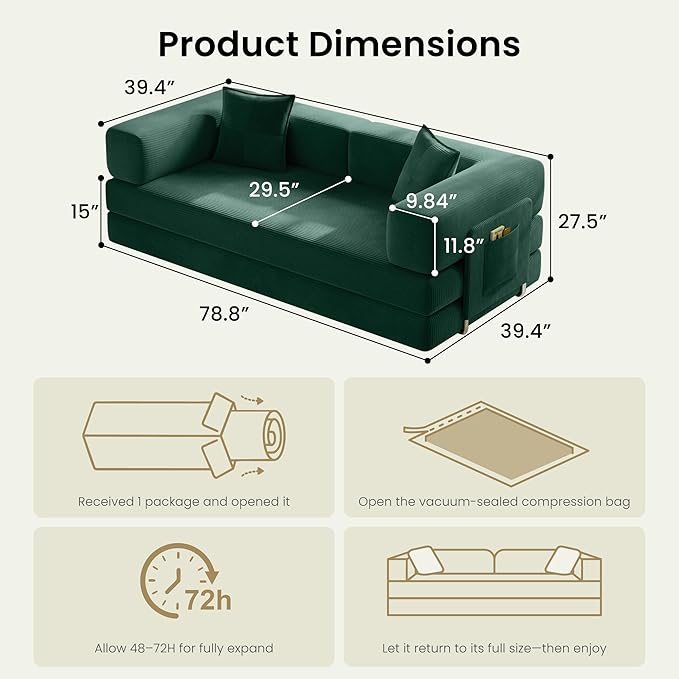 78.8 Convertible Sofa BedCorduroy Futon Couch with Storage PocketFolding Pull Out Futon SofaNo Assembly Boneless Couch for Living Room Emerald Green | Convertible Sofa Bed Boneless Couch sofa f