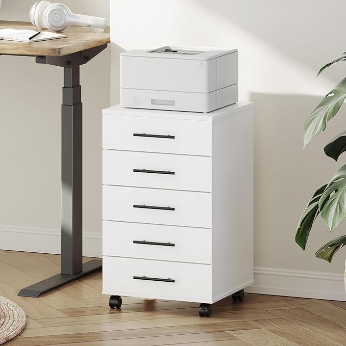 HOOBRO 5-Drawer File Cabinet Office Filing Cabinet with Drawers Wooden Mobile Storage Cabinet with Wheels for Makeup Home Office Easy Assembly White WT05WJ01G1
