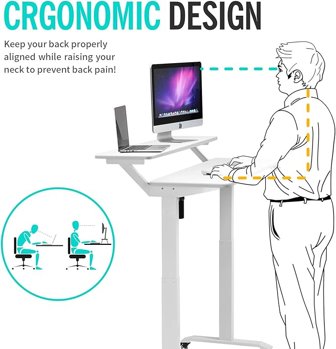 UNICOO Electric Height Adjustable 2-Tier Raising Desk with Wheels Mobile Standing Desk with Monitor Stand Ergonomic Adjustable Computer Table Electric Standing Game Table for Home Office
