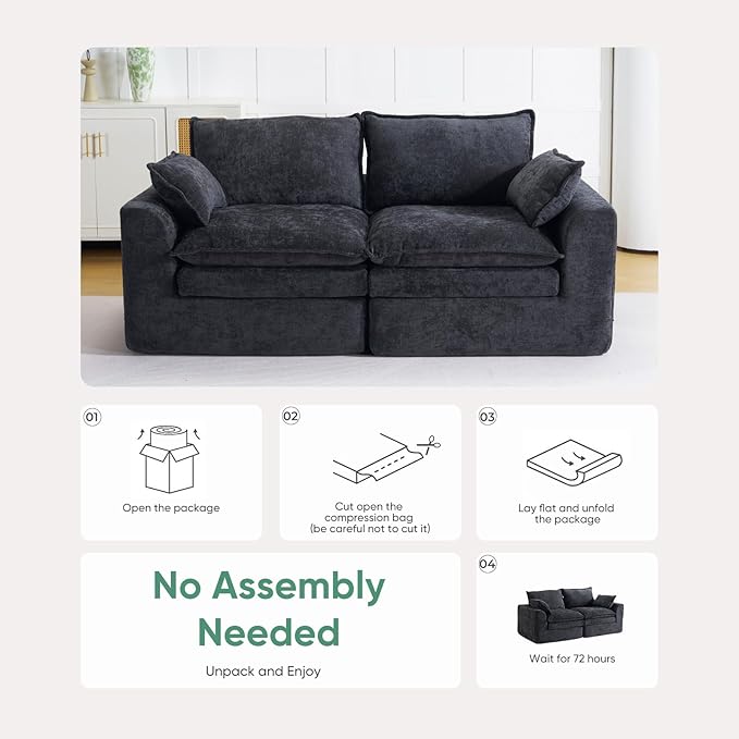 Modular Sectional Sofa80 Loveseat Boneless Couch with Deep SeatUpholstered Cloud Couch with Side PocketsNo Assembly RequiredChenilleBlack