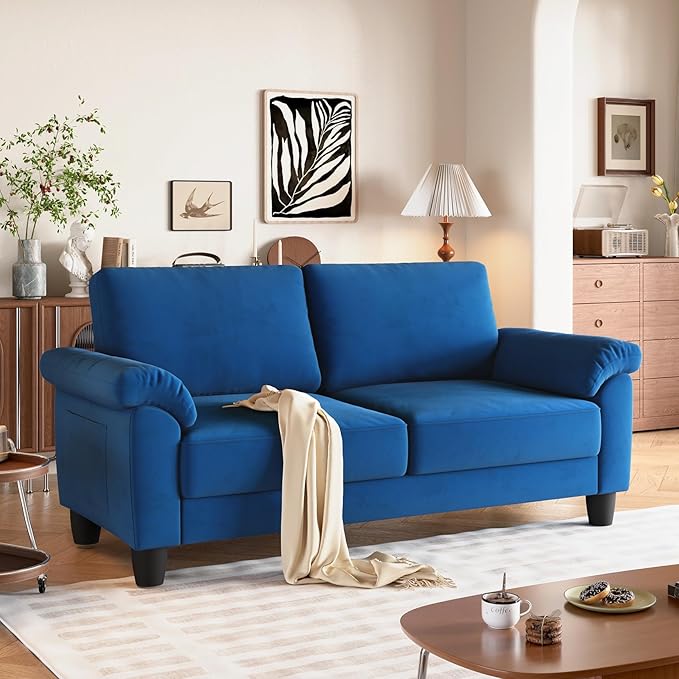 Vesgantti 70 Blue Living Room Couch Sofa Mid Century Modern Loveseat Velvet Deep Couches for Small Spaces Bedroom Apartment Office Removable Sofa Cover Spring Cushions Easy to Install