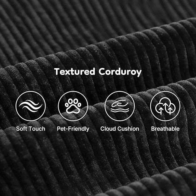 Rovibek 97 Black Boneless Couch Modular Sectional Sofa with Chaise Compressed Corduroy Couch with Deep Seat No Assembly Required