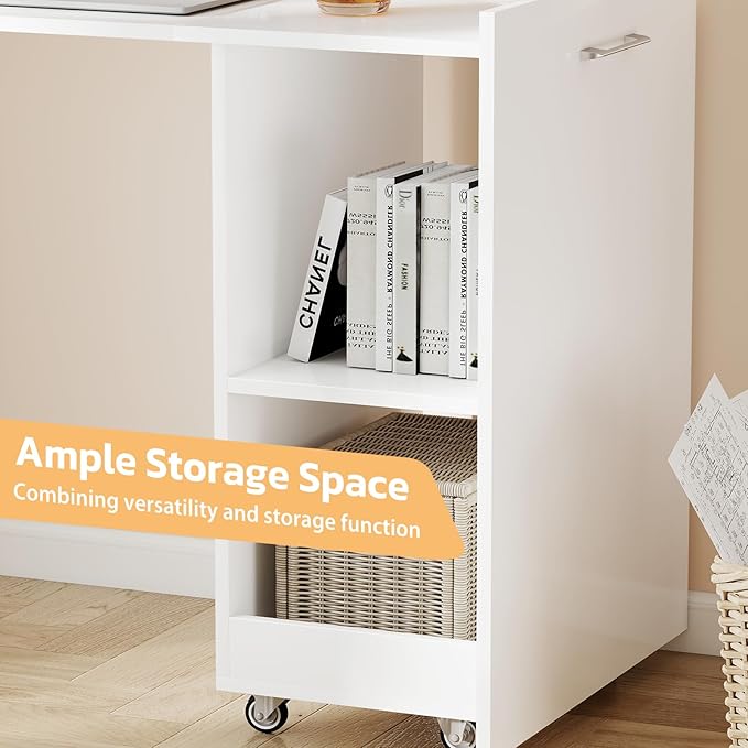 Folding Desk with Storage Convertible Table with Shelves &amp Wheels Craft Cabinet with Fold Out Table Compact Computer Desk for Small Space Reversible L Shaped Desk - White